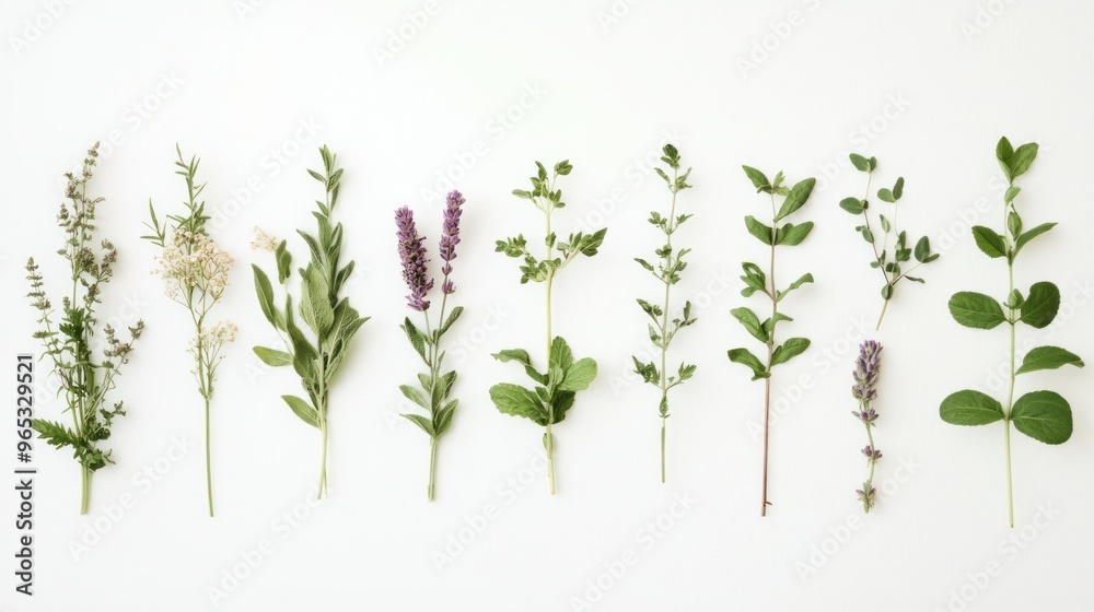 Arrangement of Various Green Herbs and Lavender on White Background Arrangement of Various Green Herbs and Lavender on White Background