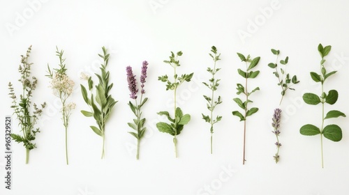 Arrangement of Various Green Herbs and Lavender on White Background