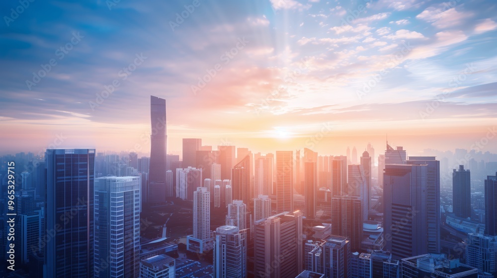 Stunning Sunrise Over Modern City Skyline with Skyscrapers and High-Rise Buildings Stunning Sunrise Over Modern City Skyline with Skyscrapers and High-Rise Buildings