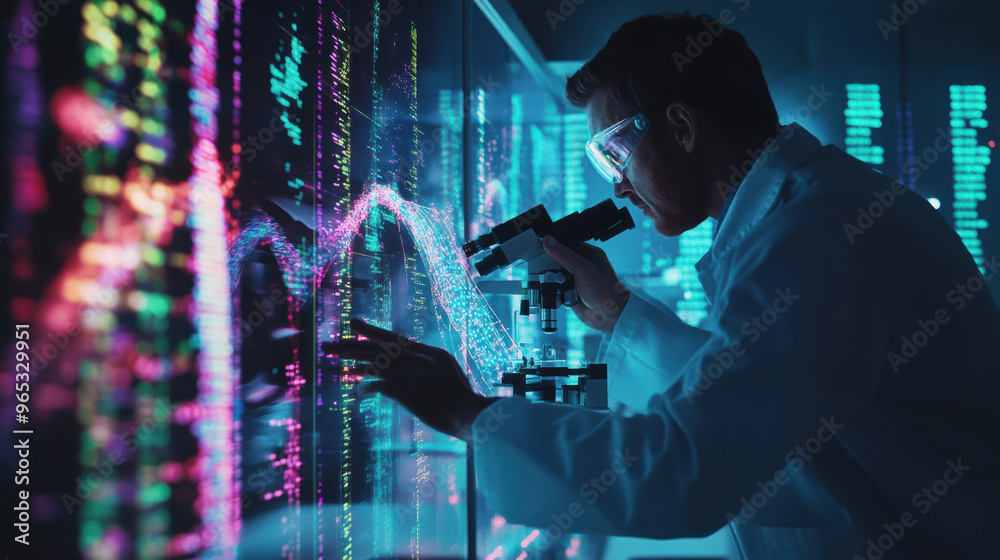 A scientist in high tech biotech lab is intently analyzing DNA data through microscope, surrounded by vibrant digital displays. atmosphere is filled with innovation and discovery