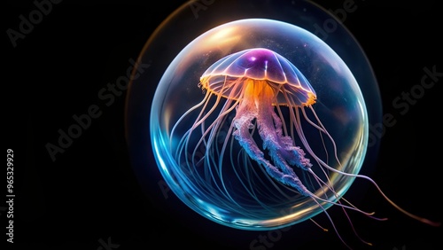 A close up view of a luminous jellyfish floating in a transparent bubble against a black backdrop captured from a worm s eye perspective, fragile, vibrant, aquatic creature, close-up photo