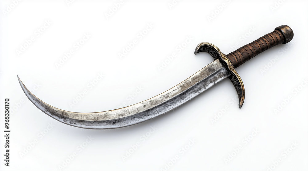 Obraz premium High quality photo of a pirates curved cutlass sword on a white background. Historical events isolated on white. Photo realistic photo. 