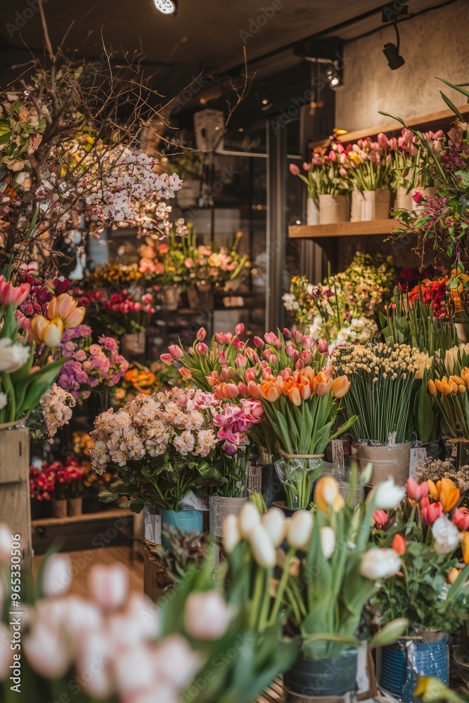 Fototapeta premium An independent florist’s shop with a beautiful array of spring flowers. The shop is filled with the bright colors, Generative AI