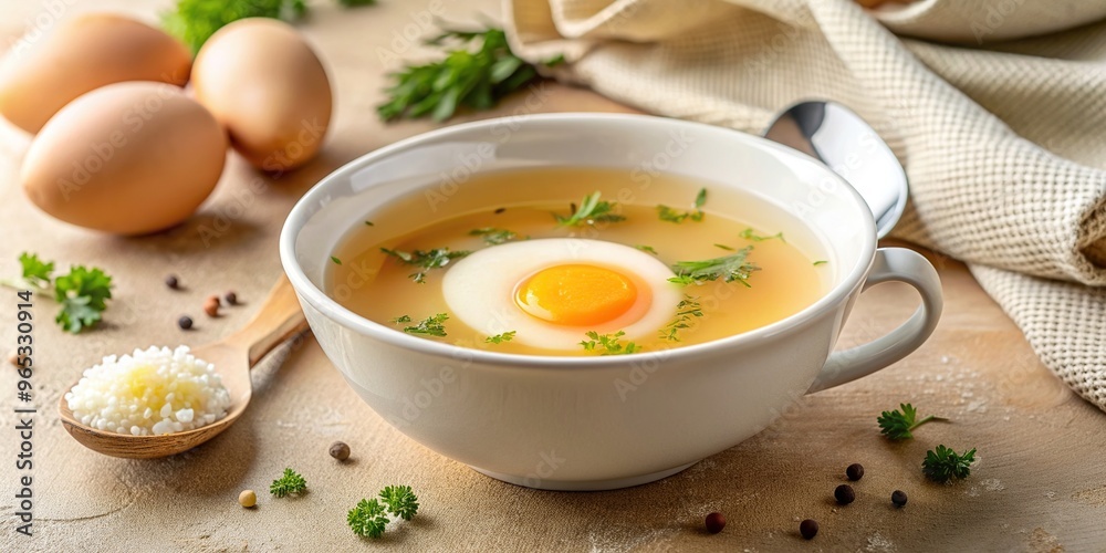 Sunlit Chicken Broth with Egg Still Life Authentic Natural Aesthetic on Beige Table Macro, appetizing, culinary, rustic, food, macro, still life, authentic, beige table, warm Sunlit Chicken Broth with Egg Still Life Authentic Natural Aesthetic on Beige Table Macro, appetizing, culinary, rustic, food, macro, still life, authentic, beige table, warm