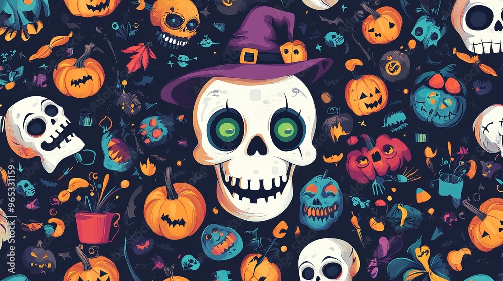 Colorful Halloween-themed design featuring skulls, pumpkins, and spooky elements Colorful Halloween-themed design featuring skulls, pumpkins, and spooky elements
