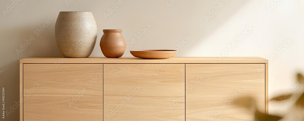 Wooden Sideboard styled with unique pottery pieces, soft beige tones, serene setting, modern aesthetic, comfortable atmosphere Wooden Sideboard styled with unique pottery pieces, soft beige tones, serene setting, modern aesthetic, comfortable atmosphere
