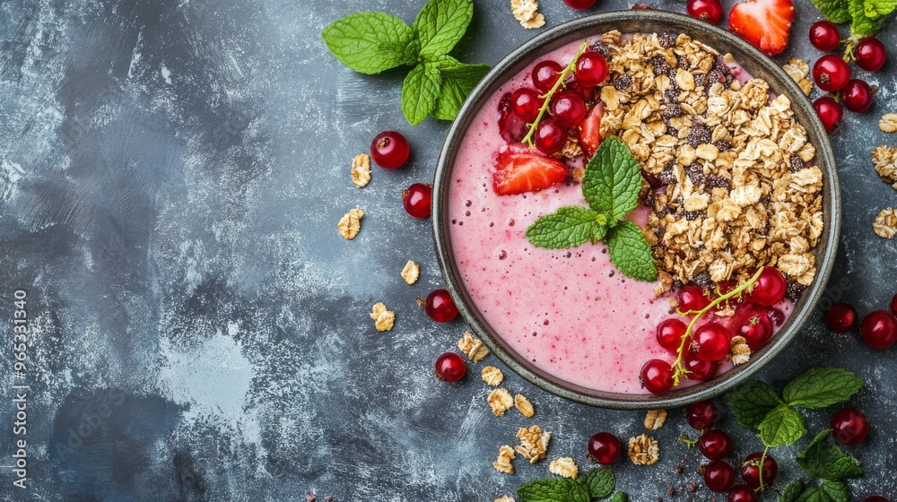 Smoothie bowl with granola, strawberry, red currants and mint. Breakfast. Top view. Free space for your text. Smoothie bowl with granola, strawberry, red currants and mint. Breakfast. Top view. Free space for your text.