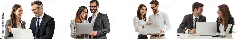 © sahin - Two smiling professional business people talking using laptop computer working isolated on white background. Generative AI.