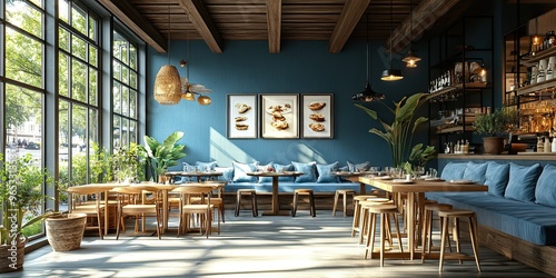 blue wooden restaurant interior with stool in row, elegant sofa and dinner table  photo