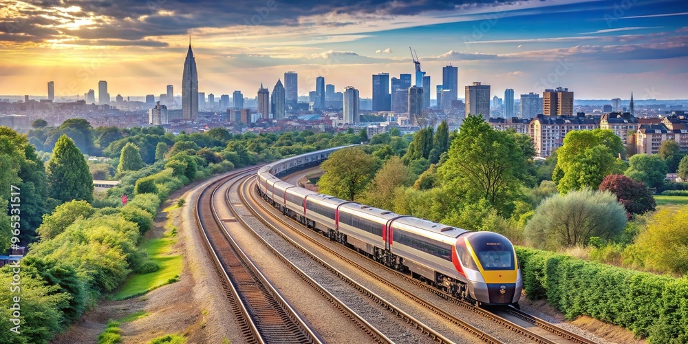 Fototapeta premium high-speed train, power, London, motion, technology, travel, fast, rush hour, High speed train speeding through the Great Western Mainline with London skyline in the background