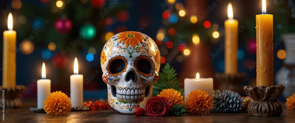 Dia de los Muertos Altar: A beautifully decorated sugar skull with intricate floral patterns takes center stage on an altar adorned with marigold flowers, candles, and pine cones. The warm glow of the Dia de los Muertos Altar: A beautifully decorated sugar skull with intricate floral patterns takes center stage on an altar adorned with marigold flowers, candles, and pine cones. The warm glow of the