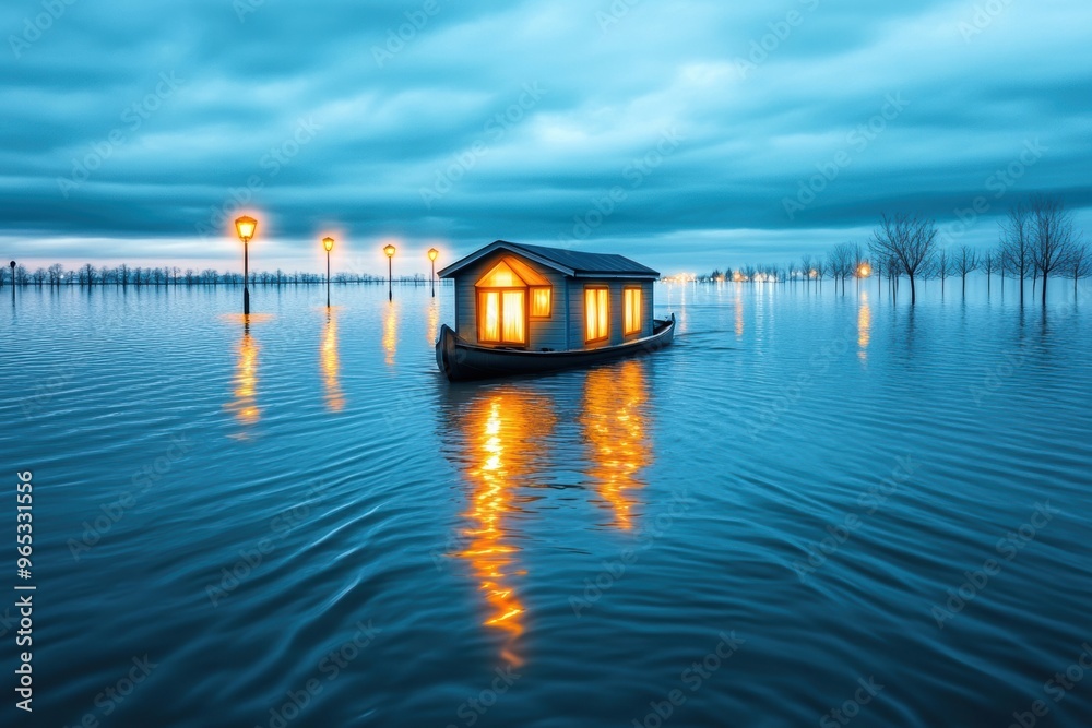 A small house is floating on a lake in the middle of a storm A small house is floating on a lake in the middle of a storm