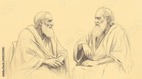 Exodus:Jethro's Visit,Jethro's Visit: Moses and Jethro Discuss Journey and Miracles with Earnest Expressions - Biblical Illustration, Bible Wall Art, Beige Background photo