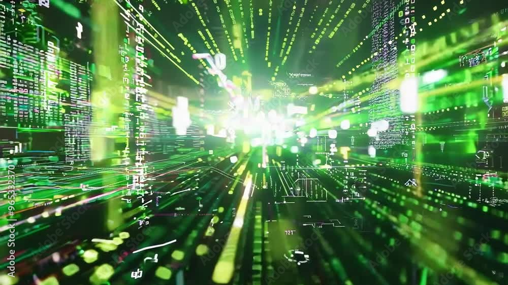 Futuristic Digital Data Stream with Matrix-Like Green Effects Futuristic Digital Data Stream with Matrix-Like Green Effects