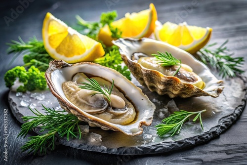 Fresh Asian inspired oyster seafood appetizer garnished with lemon slices and dill served at eye level, seafood, mussel, dill, lemon,oyster, fresh, appetizer photo