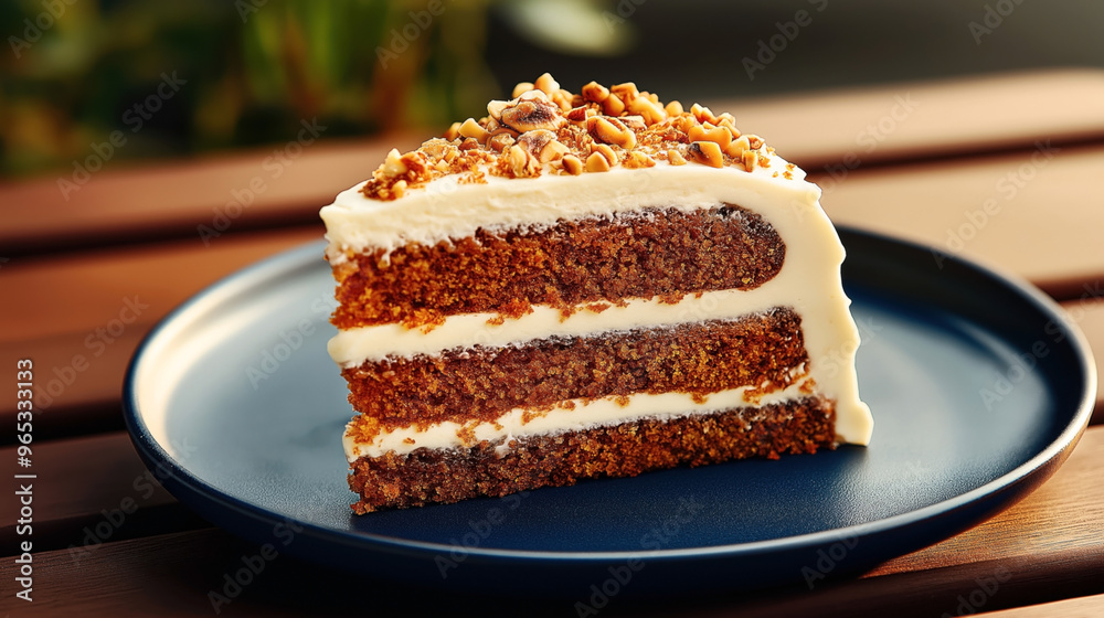Close-up of a slice of carrot cake with cream cheese frosting and chopped nuts on top, served on a blue plate. The cake has three layers and is placed on a wooden surface. Close-up of a slice of carrot cake with cream cheese frosting and chopped nuts on top, served on a blue plate. The cake has three layers and is placed on a wooden surface.