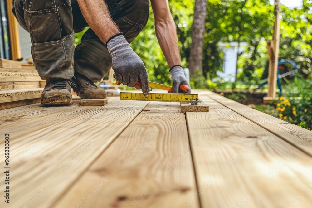 A landscaper building a custom wooden deck in a backyard. He’s measuring and cutting the wood for a perf, Generative AI A landscaper building a custom wooden deck in a backyard. He’s measuring and cutting the wood for a perf, Generative AI