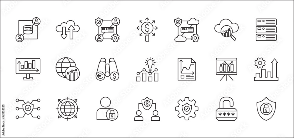 Business data, statistic and security related icon set. Contains icons of chart, analytic, database, protection, cloud, computing, research, authority, sales, market. Thin line vector illustration. Business data, statistic and security related icon set. Contains icons of chart, analytic, database, protection, cloud, computing, research, authority, sales, market. Thin line vector illustration.