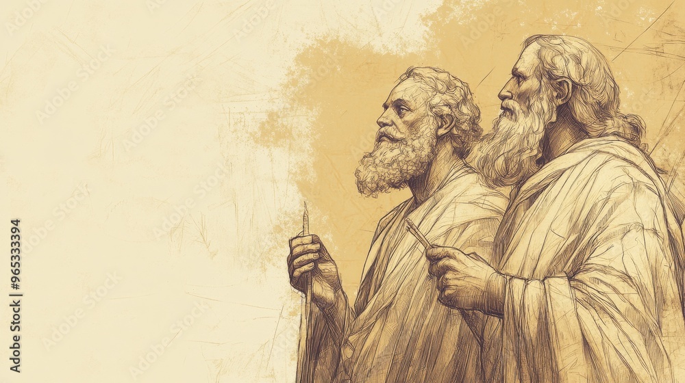 Fototapeta premium Exodus:The Tabernacle,The Covenant Confirmed: Bezalel and Oholiab Lead Craftsmen with Spirit of God - Biblical Illustration, Bible Wall Art, Beige Background