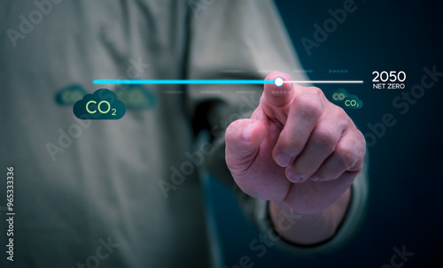 Ideas for reducing carbon emissions or using carbon credits for organizations. Businessman showing carbon credit and green business environmental conservation sustainable environmental development