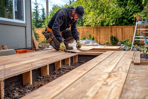 A landscaper building a custom wooden deck in a backyard. He’s measuring and cutting the wood for a perf, Generative AI 
