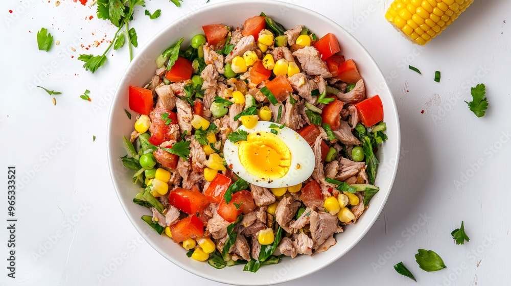 Tuna salad with egg, vegetables and corn in a white bowl, white background, top view. Tuna salad with egg, vegetables and corn in a white bowl, white background, top view.