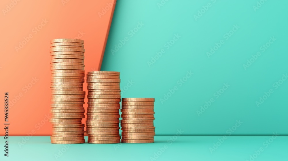 Financial Growth Concept with Stacks of Coins and Graph Against Copy Space Background in Financial Growth Concept with Stacks of Coins and Graph Against Copy Space Background in