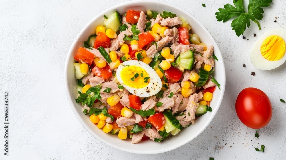Tuna salad with egg, vegetables and corn in a white bowl, white background, top view. Tuna salad with egg, vegetables and corn in a white bowl, white background, top view.