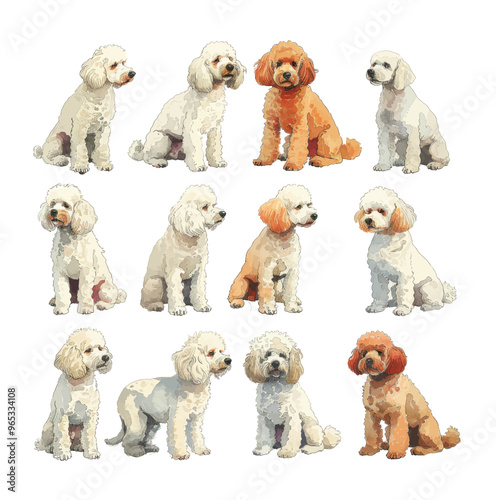 Bichon Frise watercolor vector illustration in different poses, portrait and full body, poodle dog, domestic, isolated in white background