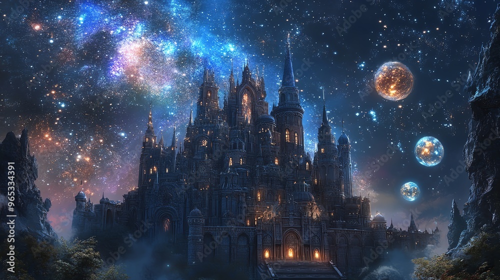 Obraz premium A captivating blend of fantasy and architecture, showcasing a mystical castle under a starry night sky, illuminated by glowing orbs, photorealistic details and vibrant colors