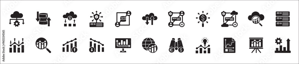 Business data, statistic and security related icon set. Contains icons of chart, analytic, database, protection, cloud, computing, research, authority, sales, market. Flat solid vector illustration.