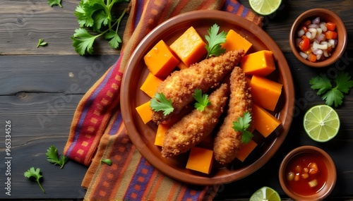 Crispy Peruvian Chicharrón with Fried Yuca and Salsa photo