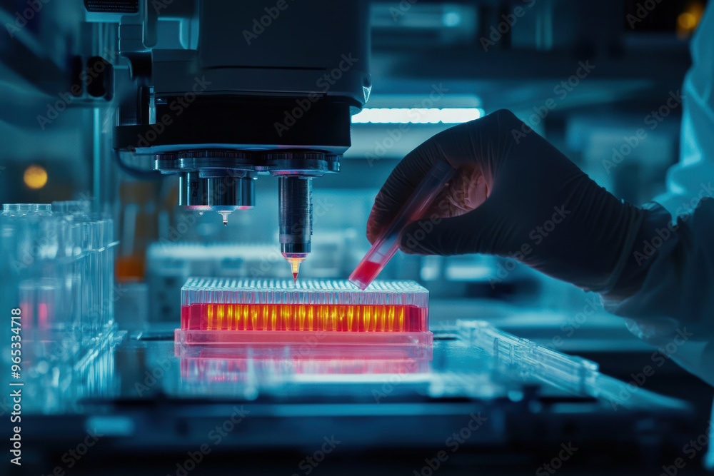 A scientist is carefully inserting samples into high tech DNA analysis device, showcasing advanced laboratory techniques and precision in modern research environment A scientist is carefully inserting samples into high tech DNA analysis device, showcasing advanced laboratory techniques and precision in modern research environment