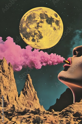 A beautiful headless woman with only a mouth smoking a cigarette, in an alien planet landscape, retro style, with pink smoke coming out of her mouth and a huge moon in the sky photo