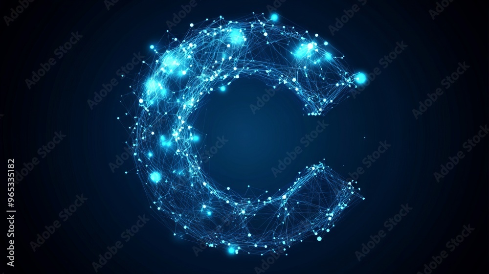 Abstract polygonal letter C consists of polygons, lines, and connected glowing dots. 3D wireframe vector illustration. Technology low poly alphabet concept. Blue on dark blue background Abstract polygonal letter C consists of polygons, lines, and connected glowing dots. 3D wireframe vector illustration. Technology low poly alphabet concept. Blue on dark blue background