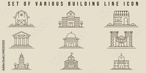 set of building icon logo line art vector illustration template graphic design. bundle collection of various architecture for business or religious activities or Learning Activities