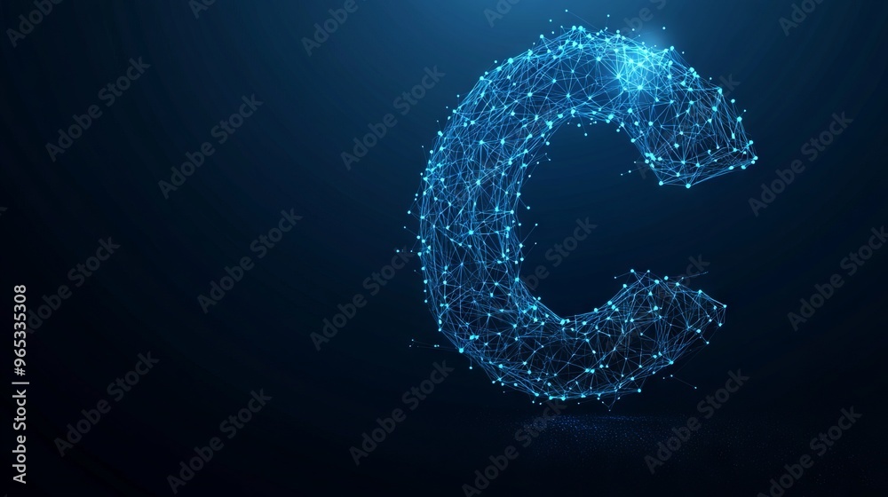 Abstract polygonal letter C consists of polygons, lines, and connected glowing dots. 3D wireframe vector illustration. Technology low poly alphabet concept. Blue on dark blue background Abstract polygonal letter C consists of polygons, lines, and connected glowing dots. 3D wireframe vector illustration. Technology low poly alphabet concept. Blue on dark blue background
