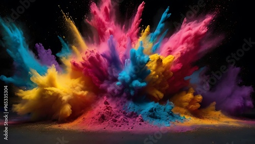 Explosion of colorful powders texture with beautiful fantasy colors on dark black blank background, Abstract colorful background 