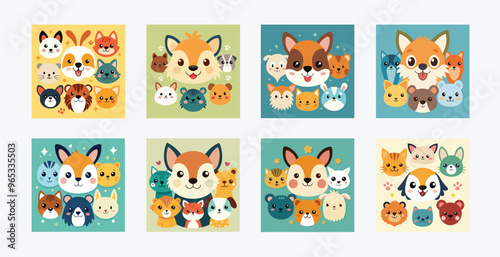 Animal Faces Doodle Collection with Expressive Features - Pet-Themed Printable Design