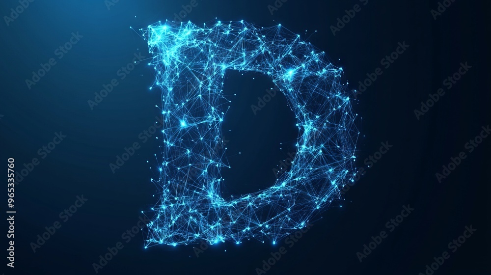 Abstract polygonal letter D consists of polygons, lines, and connected glowing dots. 3D wireframe vector illustration. Technology low poly alphabet concept. Blue on dark blue background Abstract polygonal letter D consists of polygons, lines, and connected glowing dots. 3D wireframe vector illustration. Technology low poly alphabet concept. Blue on dark blue background