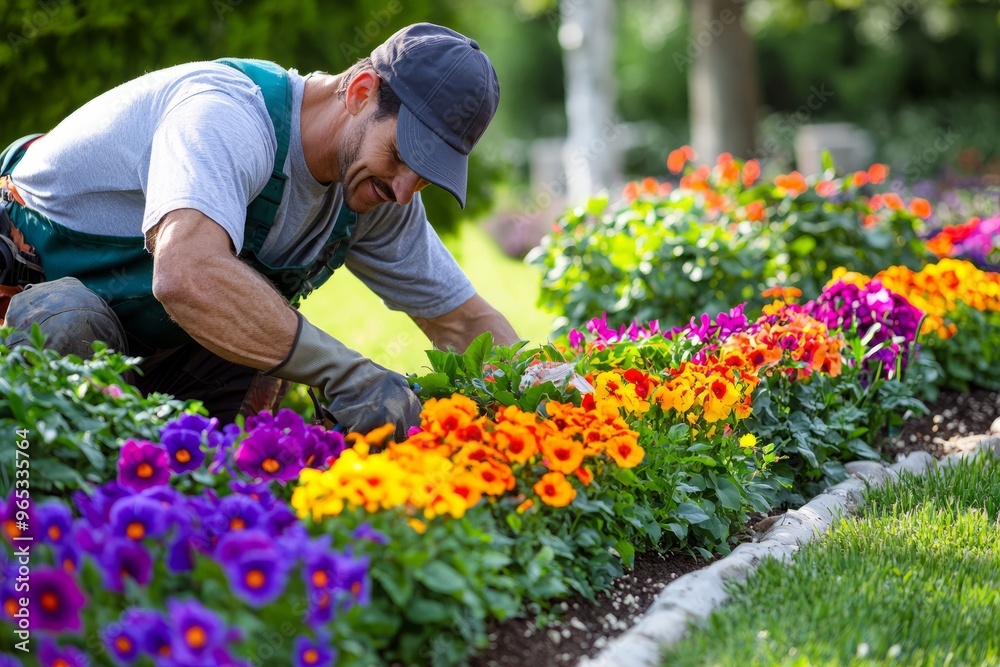 A landscaper planting vibrant flowers along a garden border. He’s arranging the plants to create a colorfu, Generative AI A landscaper planting vibrant flowers along a garden border. He’s arranging the plants to create a colorfu, Generative AI