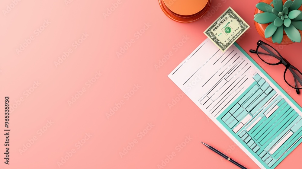 Fototapeta premium Financial Planning with Tax Form and Cash - with Copy Space, Selective Focus in