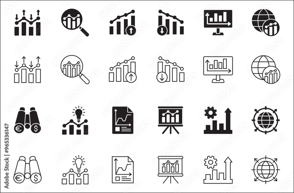 Business data, statistic related icon set. Contains icons of chart, analytic, database, protection, cloud, computing, research, authority, market. Thin line flat vector illustration.