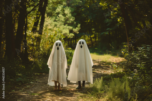 Two children dressed as friendly ghosts in white sheets standing on a forest path during daylight, evoking a playful and spooky Halloween atmosphere