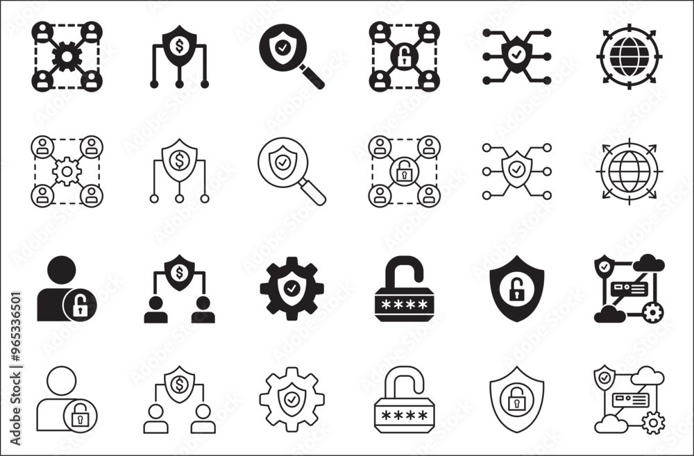Business security icon set. Contains icons of authentication, lock, pin, analytic, database, protection, cloud, computing, research, authority, market. Thin line flat vector illustration. Business security icon set. Contains icons of authentication, lock, pin, analytic, database, protection, cloud, computing, research, authority, market. Thin line flat vector illustration.