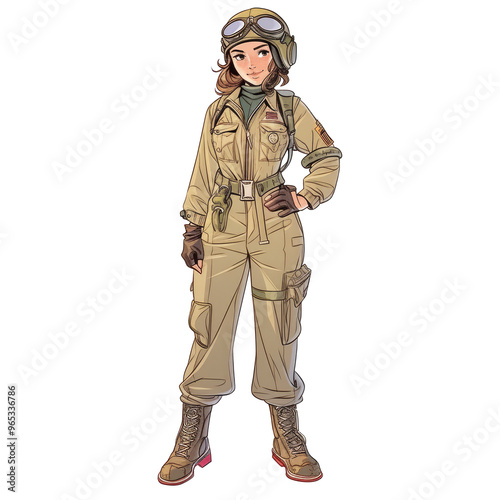 An illustration of a female military pilot standing