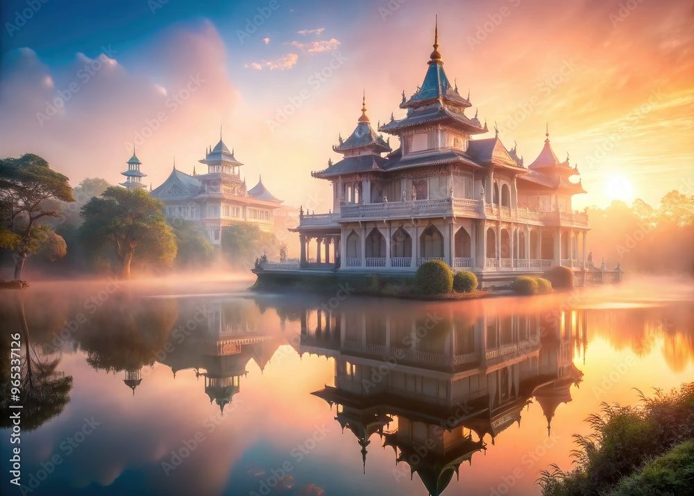 Fototapeta premium dreamy soft focus morning mist romantic nostalgic delicate pastel hues intricate woodwork ornate details historic landmark charming quaint peaceful serene
