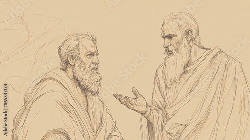 Exodus:Jethro's Visit,Jethro's Visit: Moses Attentively Listens to Jethro's Delegation Advice - Biblical Illustration, Bible Wall Art, Beige Background photo