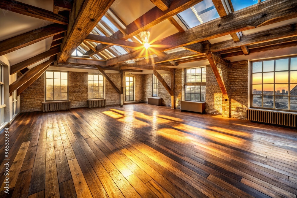 warm golden hour illumination highlights the intricate grain patterns of reclaimed oak wood floors in a vintage industrial-chic loft conversion
