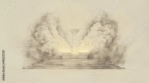 Exodus:The Altar of Incense,The Covenant Confirmed: Smoke from Altar of Incense Blends with Menorah Light, Creating Holy Atmosphere - Biblical Illustration, Bible Wall Art, Beige Background